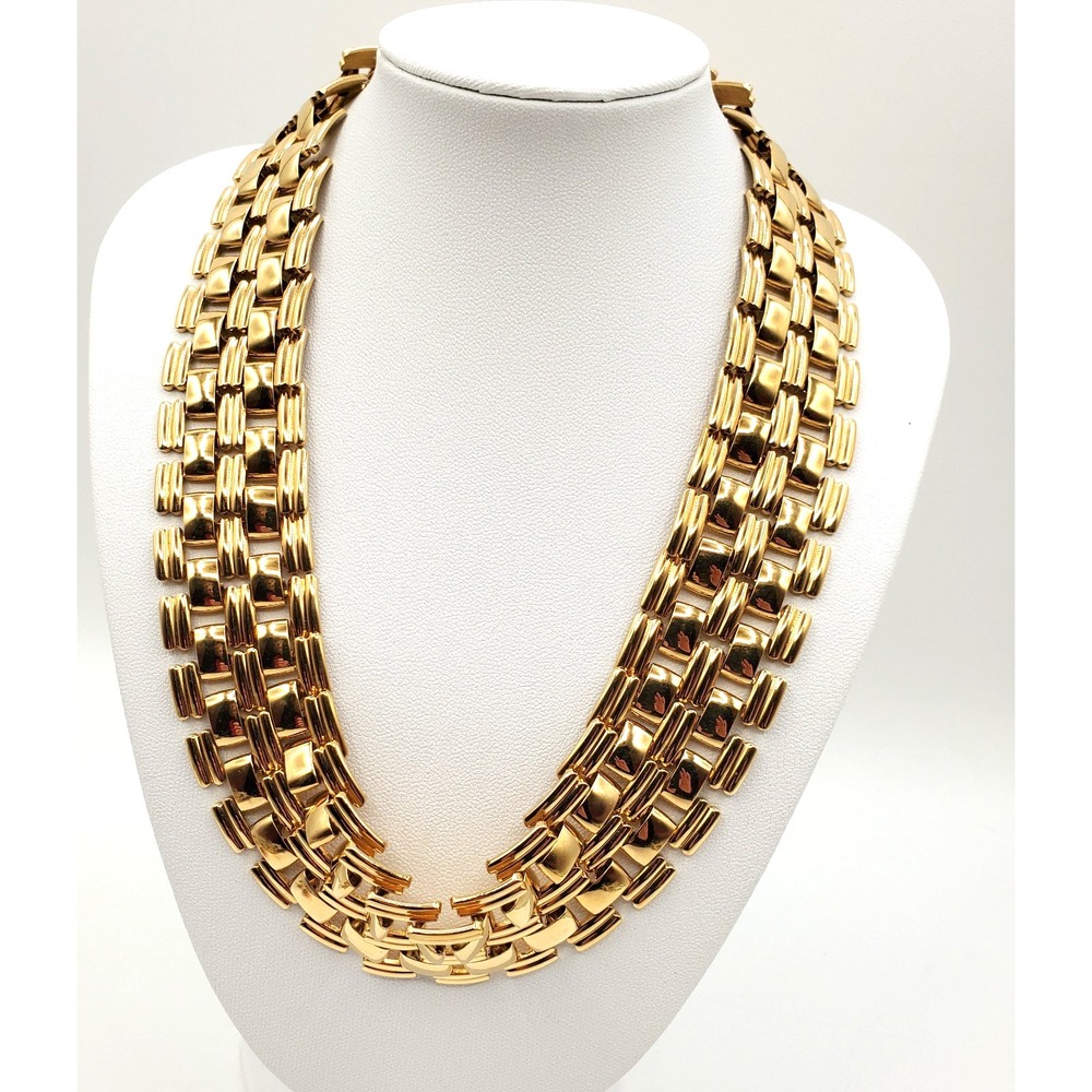 Vintage Necklace Egyptian Revival Wide Articulated Gold Tone 17 Inches